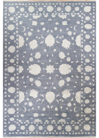 Punja Grey Wool & Silk Hand Knotted Indian Rug