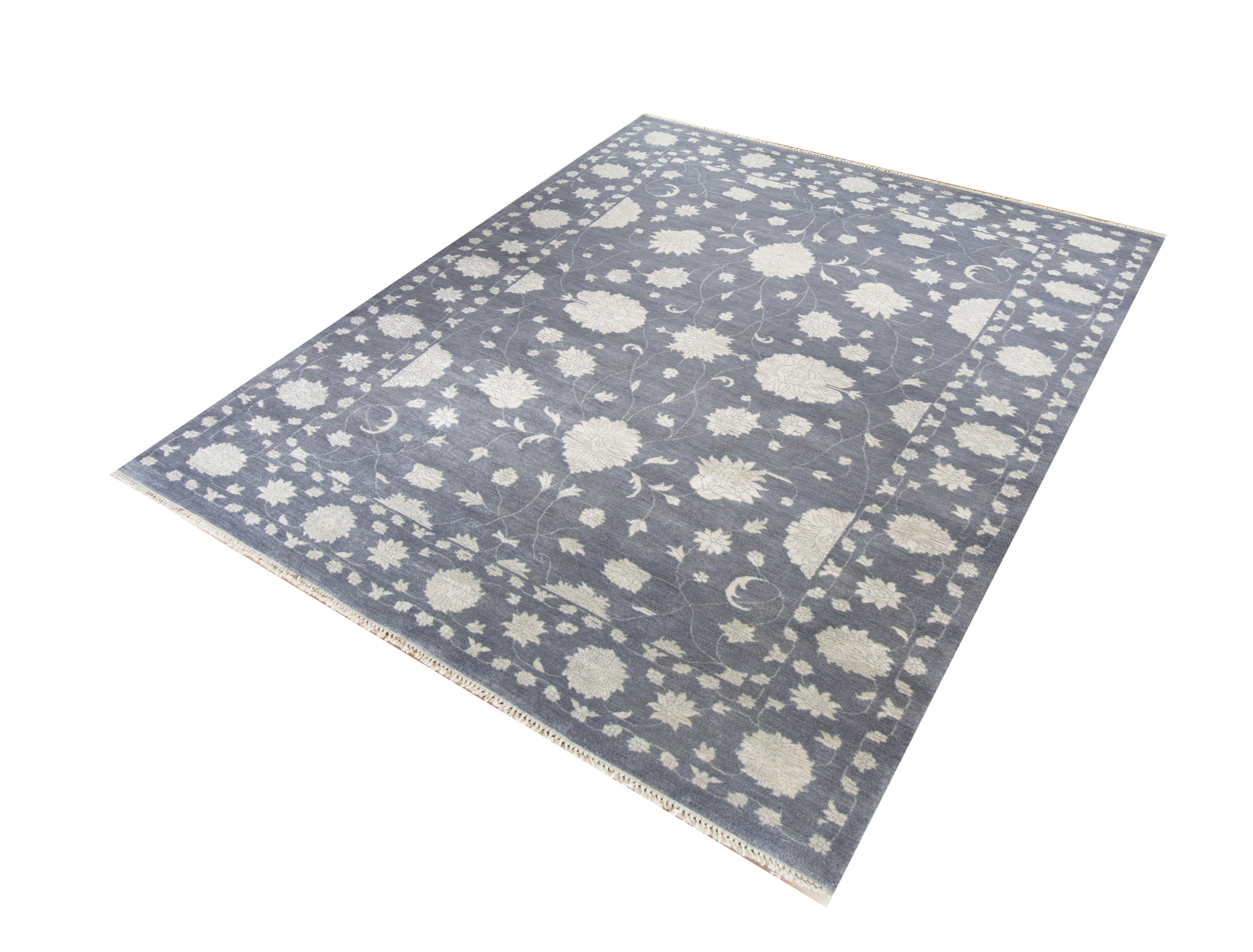 Punja Grey Wool & Silk Hand Knotted Indian Rug, featuring Grey tones and Floral design, ideal area rug for any room in your home.