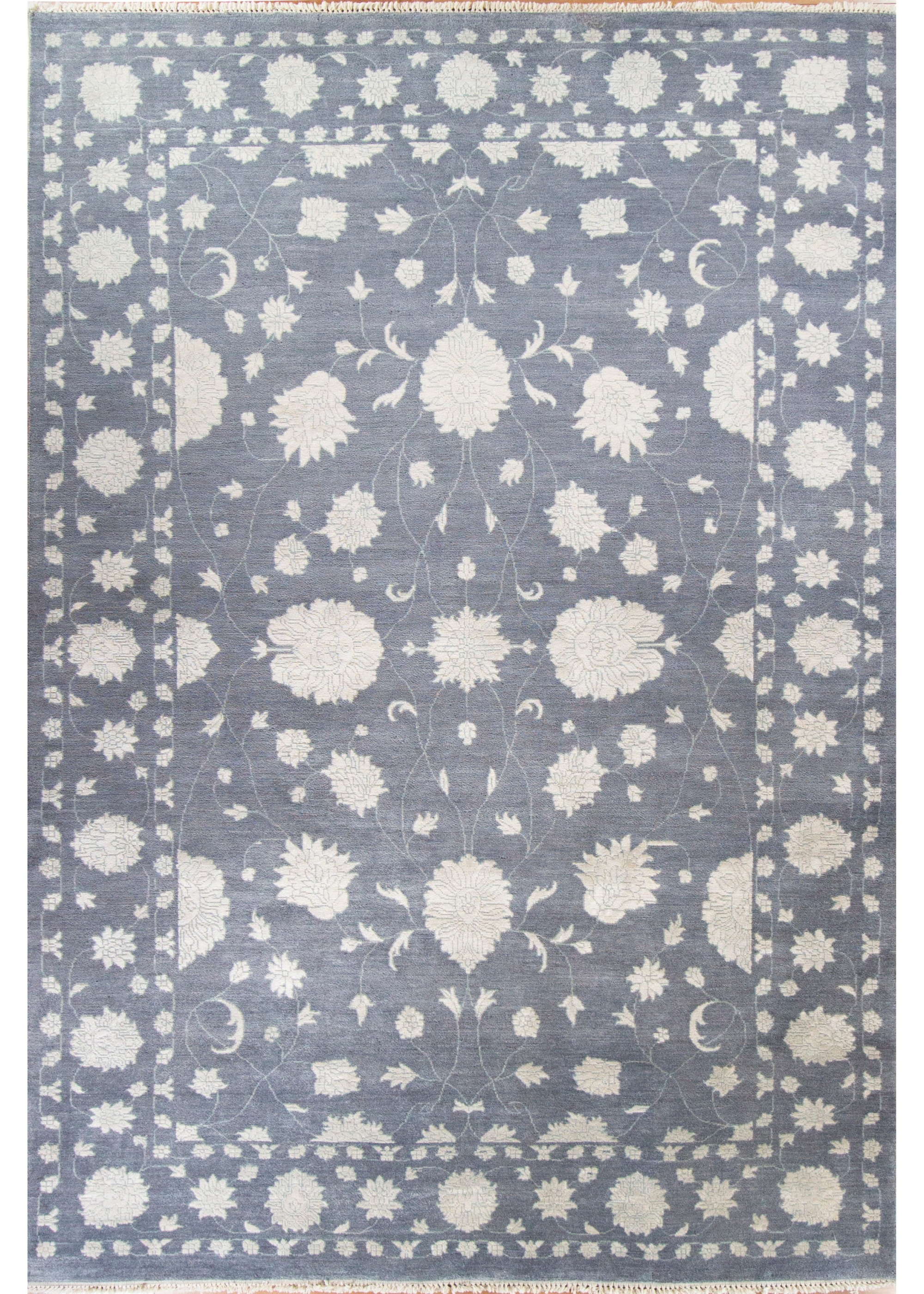 Punja Grey Wool & Silk Hand Knotted Indian Rug, featuring Grey tones and Floral design, ideal area rug for any room in your home.