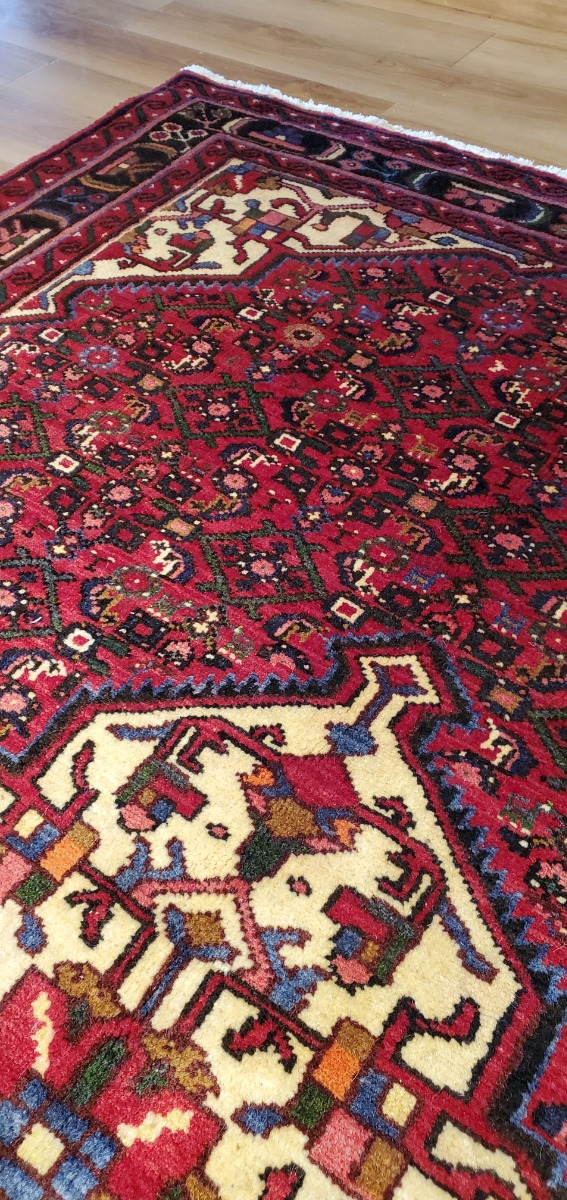 Hosseinabad Vintage Red Wool Hand Knotted Persian Rug, featuring Red tones and Geometric design, ideal area rug for any room in your home.