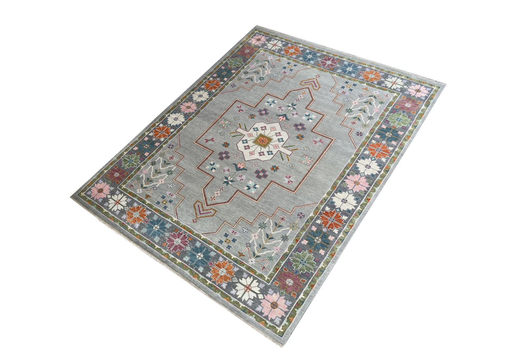 Oushak Turkish Style L-16 Grey/D. Grey Wool Hand Knotted Indian Rug, featuring Grey tones and Floral design, ideal area rug for any room in your home.
