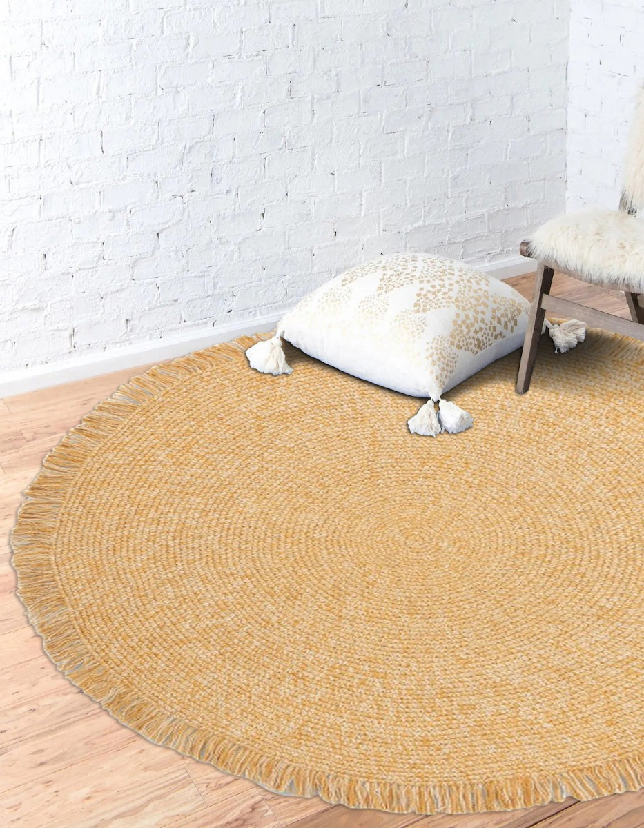 Encanto Ochre Jute Braided Round Indian Rug, featuring Gold tones and Minimal design, ideal area rug for any room in your home.